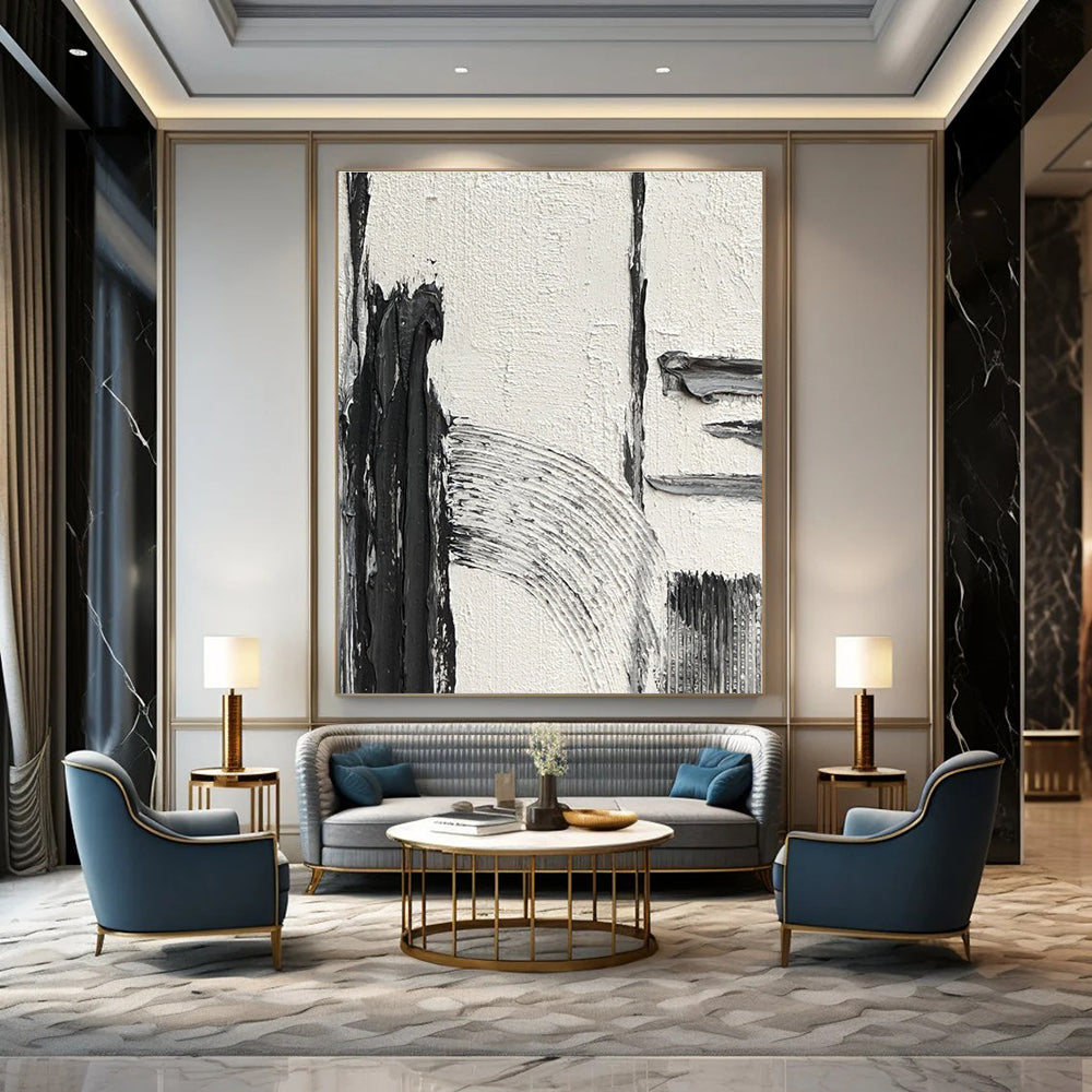 Black and White Geometric Textured Abstract Painting ADGE386