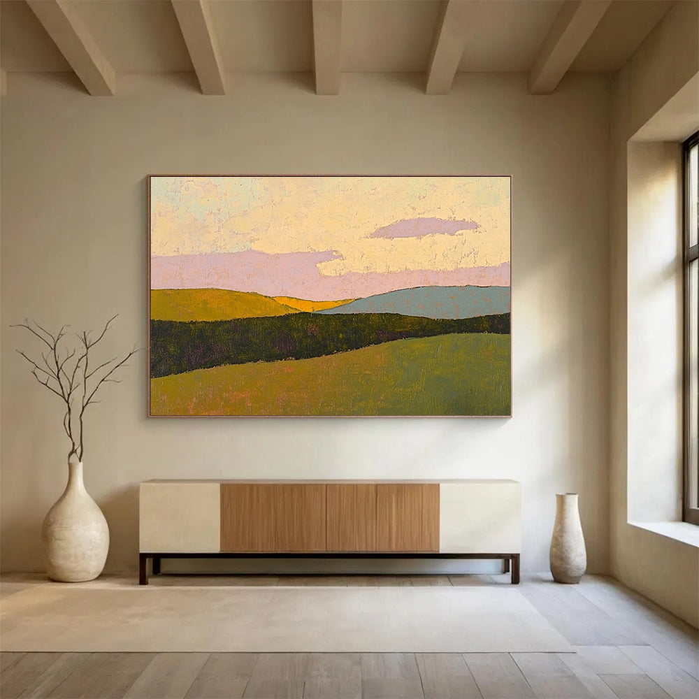 Large abstract painting in pastel colors showcases rolling hills under a sunset sky with textured impasto technique on paper.SC578