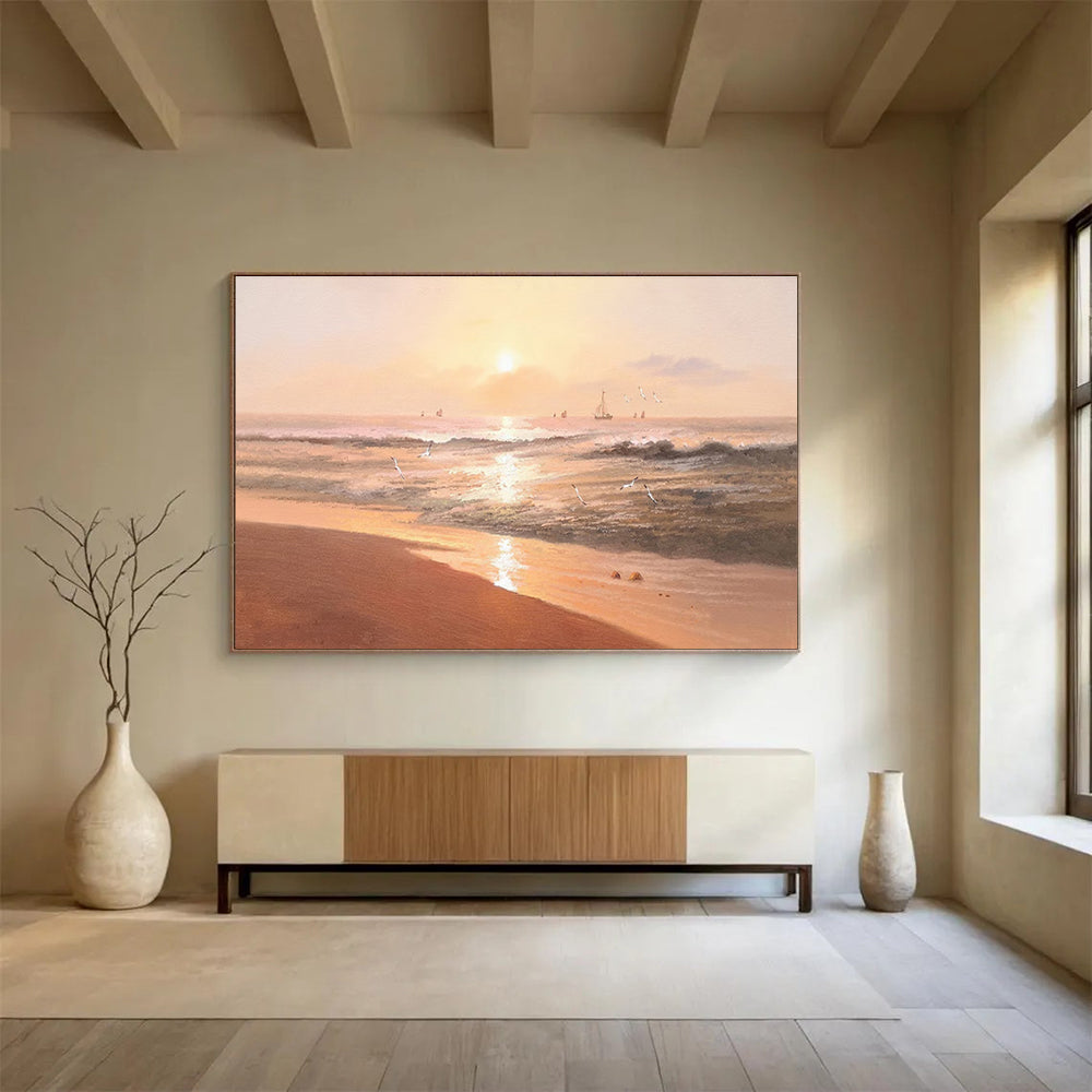 Warm Seaside Sunset Abstract Painting with Golden Hues THY266