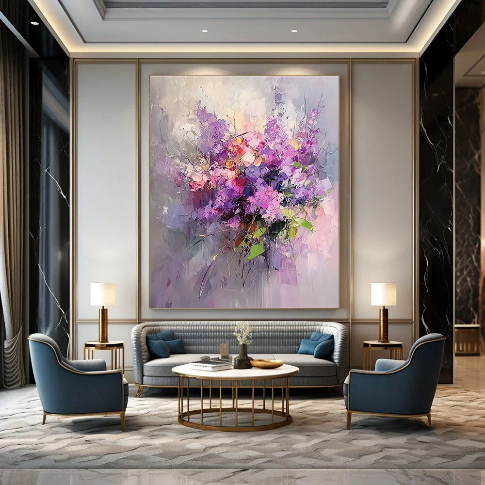 Large abstract oil painting of lilac flowers with purple petals and pink leaves on a light background featuring rich details and delicate textures.STSC926