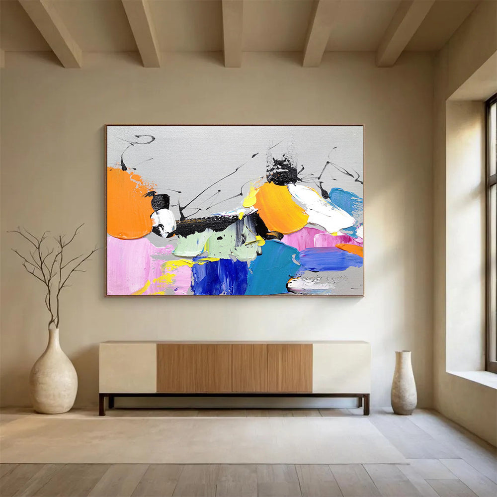 Playful Color Block Abstract Painting with Bright Hues and Black Accents THY269