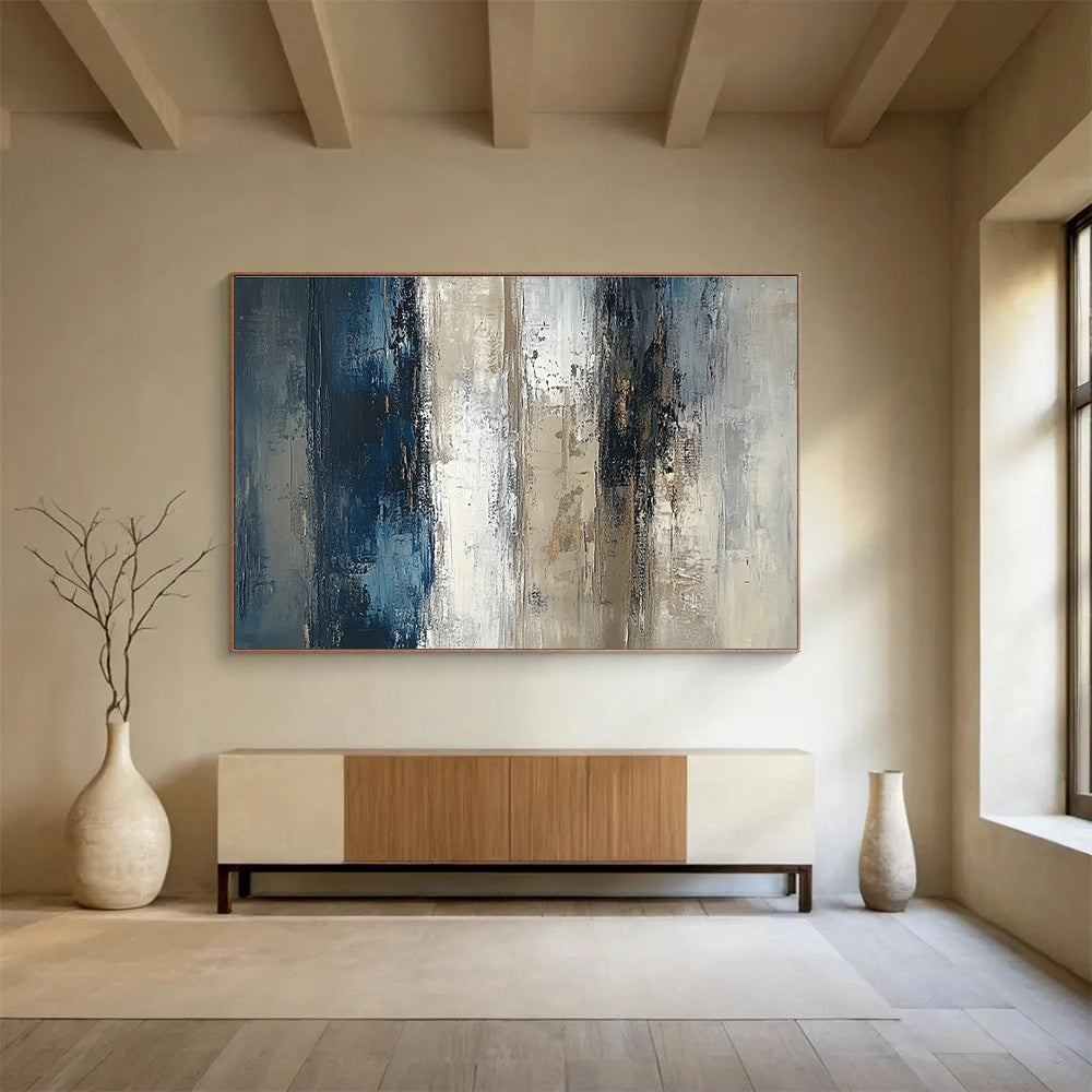 Abstract oil painting of a textured vertical wall featuring neutral tones with blue and brown accents on a beige grey and white canvas.SC121