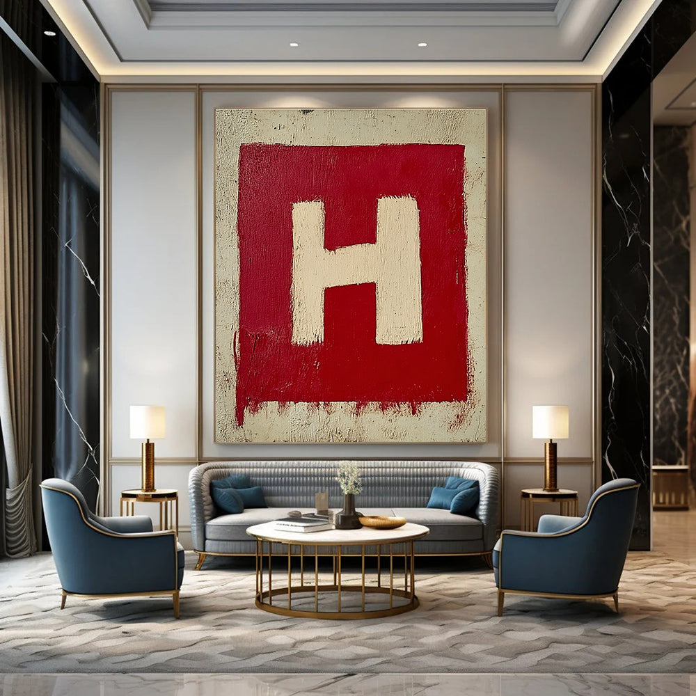 A large abstract painting featuring a minimalistic red and white letter H on textured canvas, showcasing simple brush strokes in oil paint.STSC1163