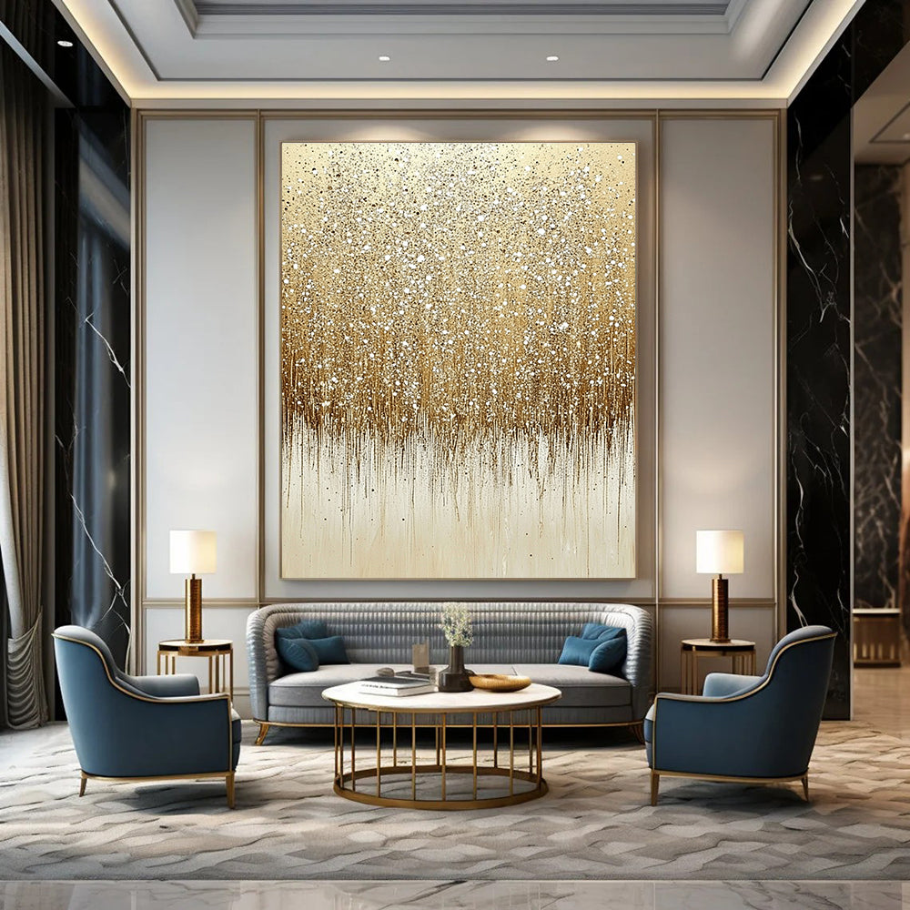 Large abstract painting of glittering sand with ombre beige and white colors featuring numerous sparkles on a clean background.STSC681