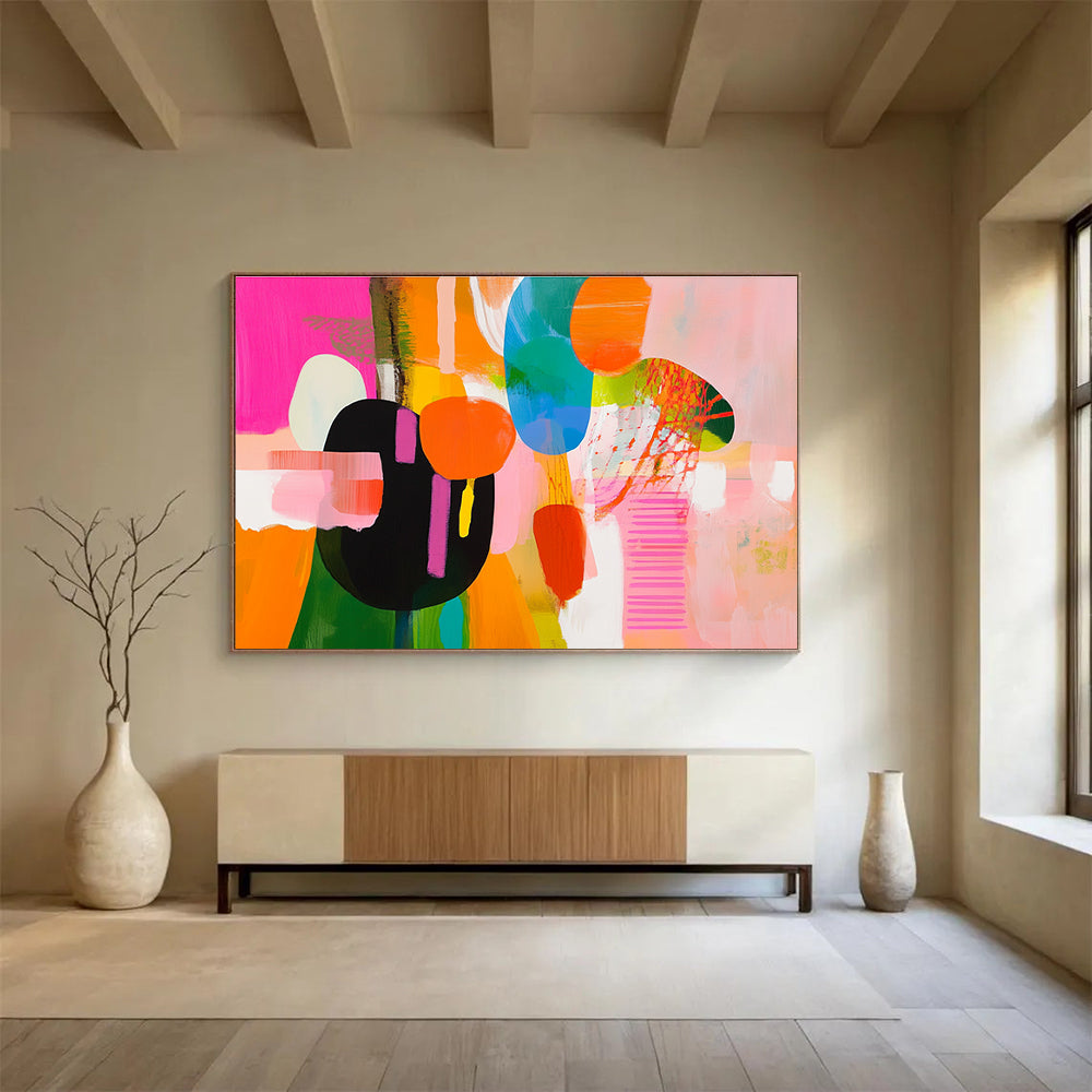 Bold abstract artwork showcasing vibrant pink, yellow, green, and blue shapes with dynamic movement and expressive brushstrokes.SC300