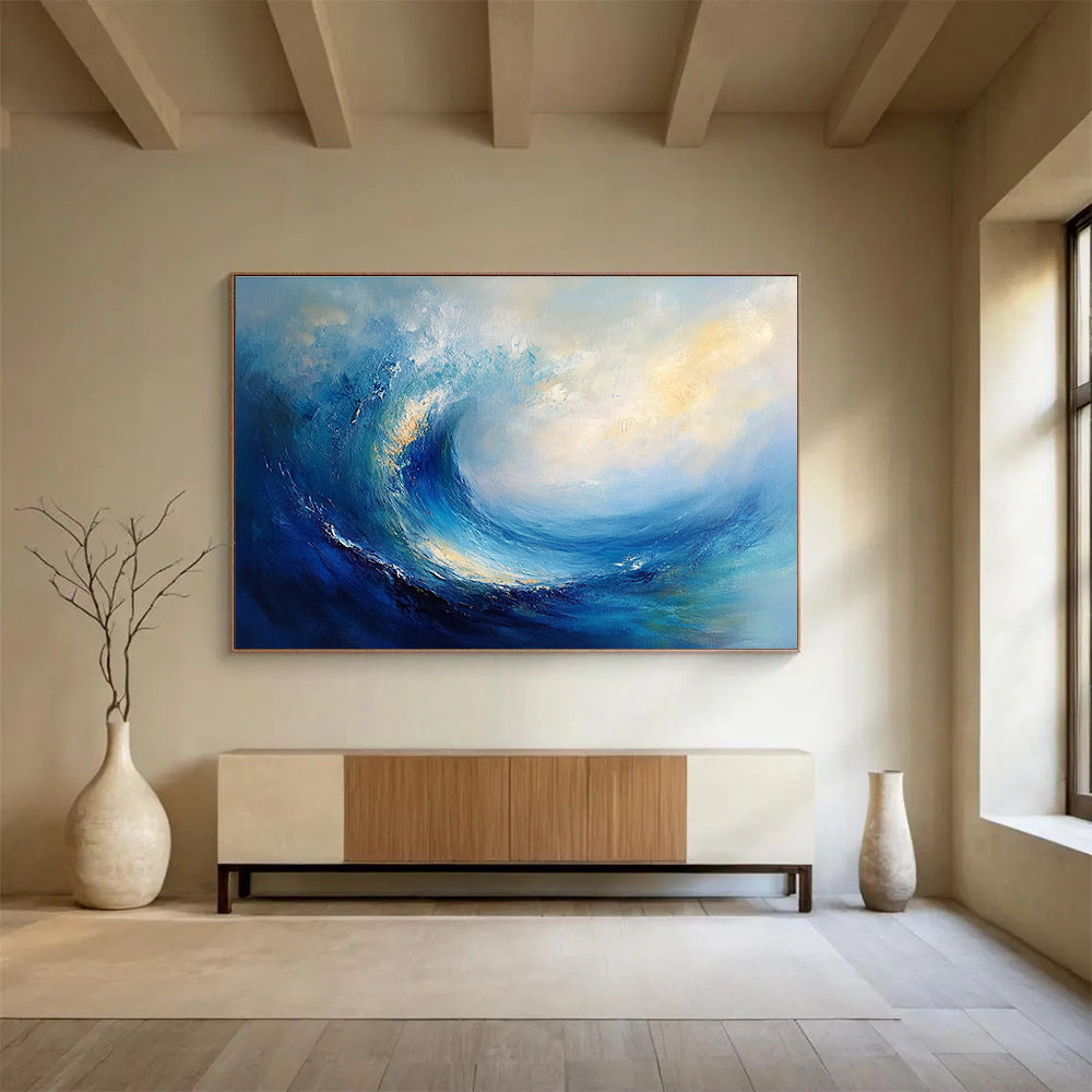 Large abstract oil painting of an ocean wave featuring blue and teal colors with thick brush strokes and white clouds in the background.SC108
