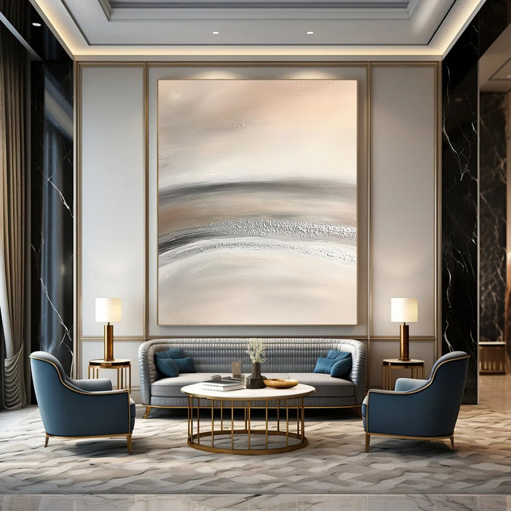 Abstract painting featuring soft gray and white striped desert sand with silver dust conveying serenity and tranquility through minimalist design.STSC949