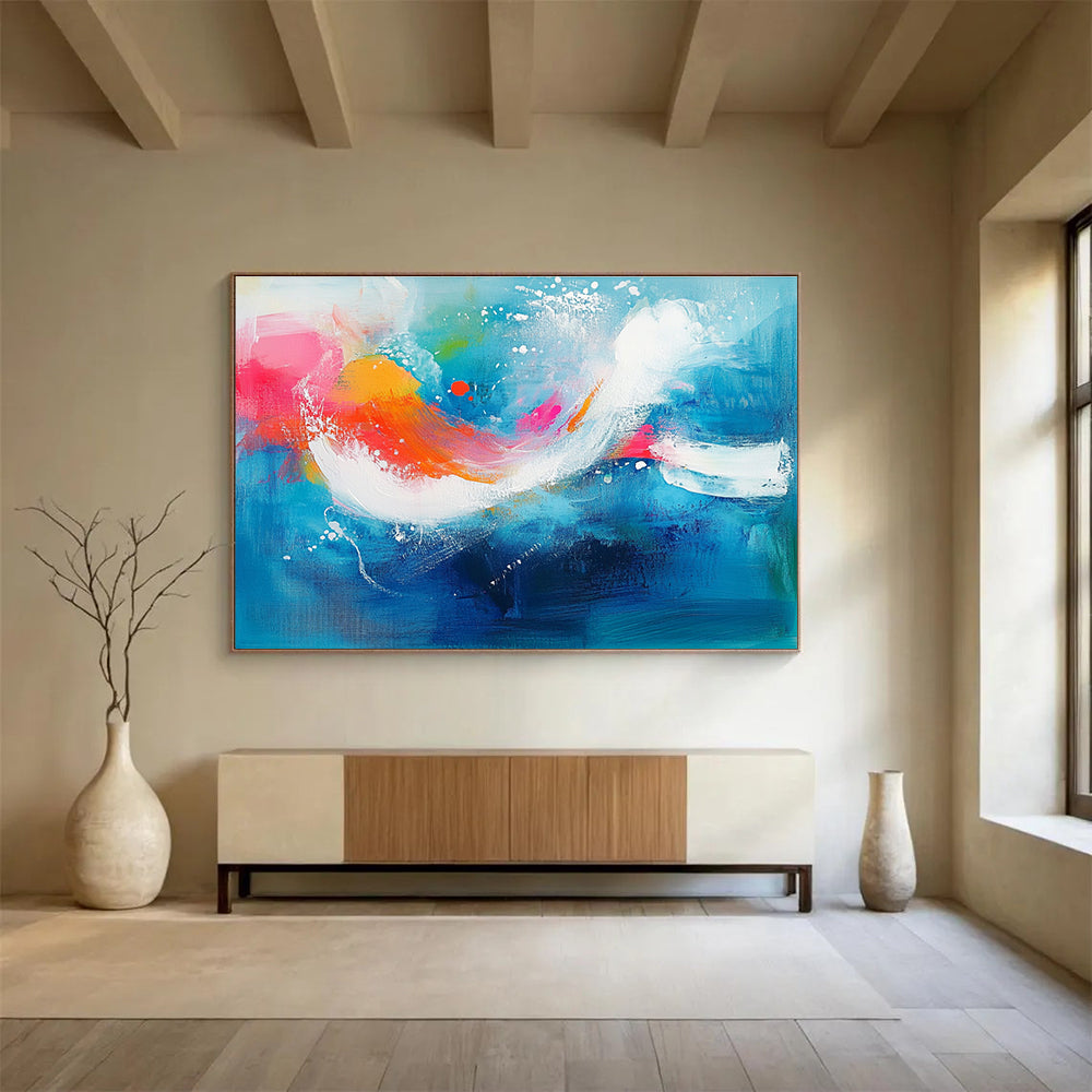 Large abstract painting of an underwater scene featuring vibrant aqua blue background with pink and orange accents and energetic white brushstrokes.SC308