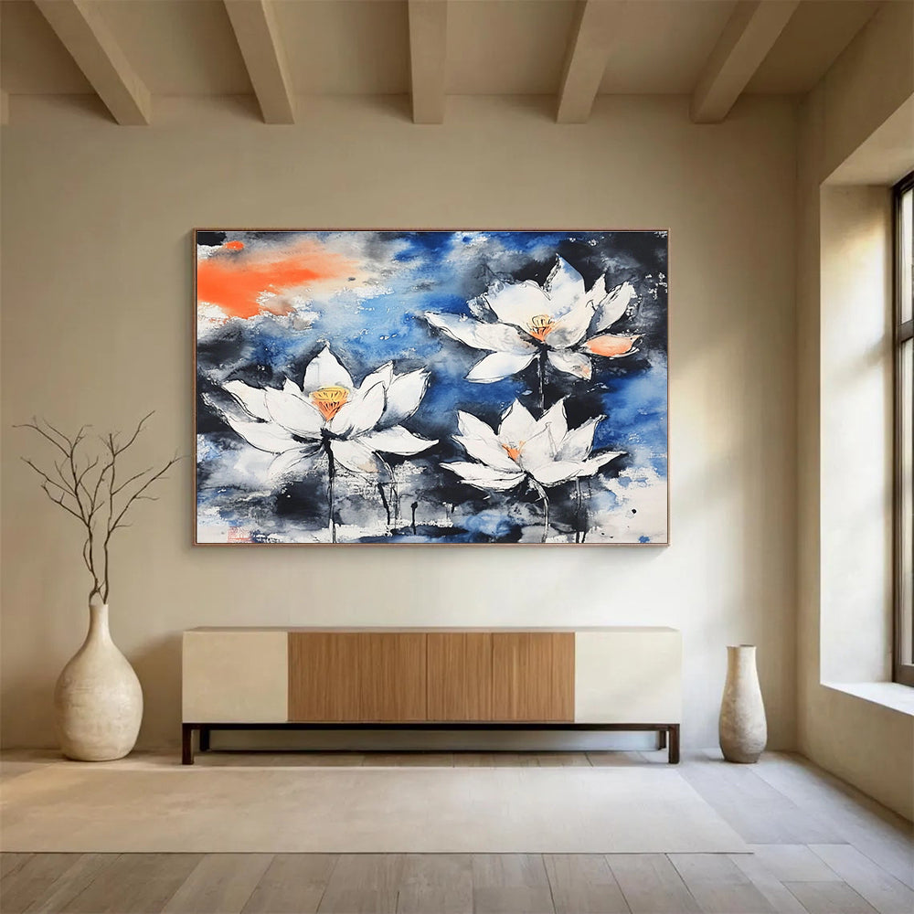 Ink - Wash Lotus Flowers Abstract Painting with Blue Black and White Tones DYP580