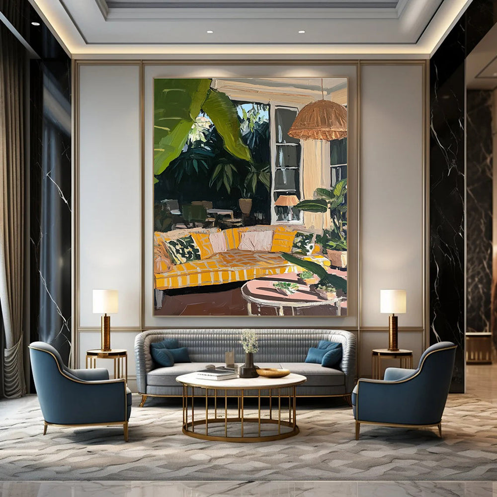 Indoor Outdoor Living Scene Painting with Warm Yellow Tones ADGE435