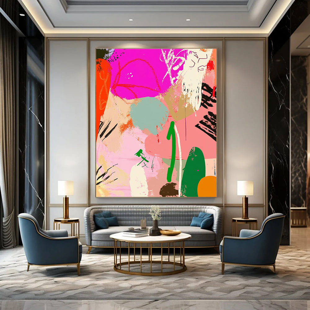 Large abstract painting featuring playful lines and whimsical patterns in pink, green, and orange creating a vibrant collage with organic forms.STSC485