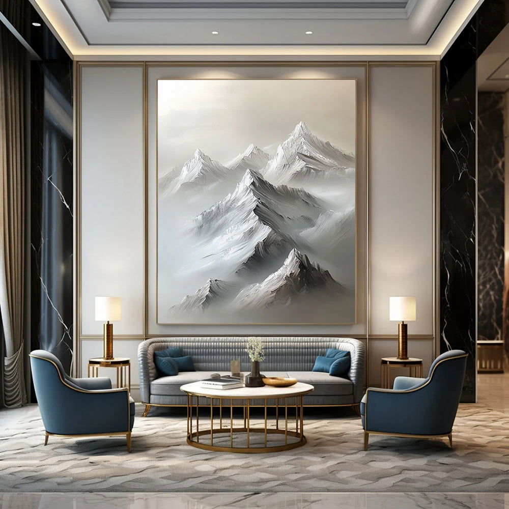 Large abstract painting of a white mountain range with gray snow peaks featuring heavy brush strokes and a minimalist neutral color palette.STSC1254
