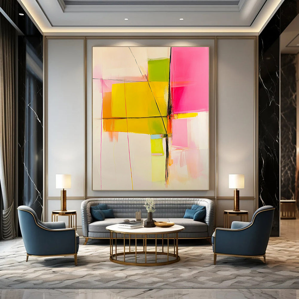 Large abstract painting with pink yellow and green color blocks and lines on a white background featuring warm tones and minimalist brushstrokes.STSC443