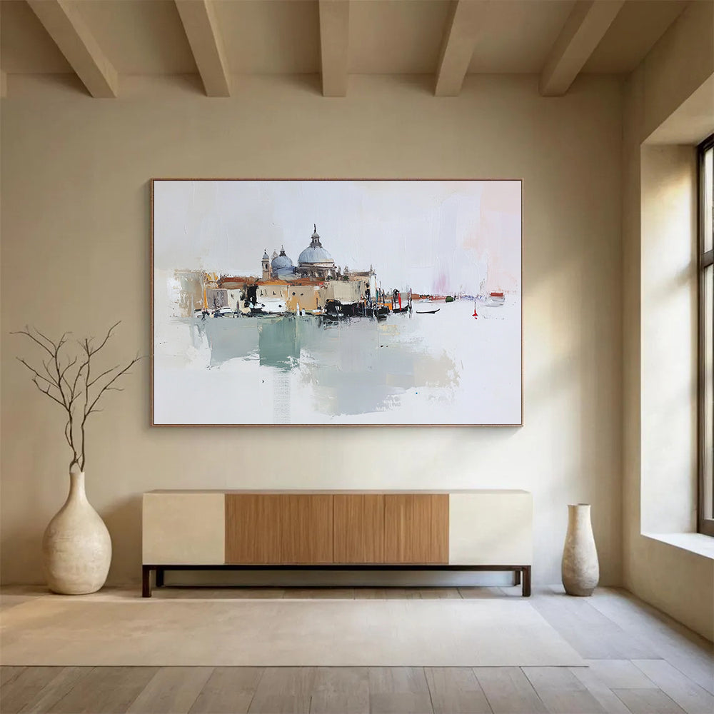 Large abstract oil painting of Venice featuring beige buildings and a small red dome against a light gray and pale pink background.SC126
