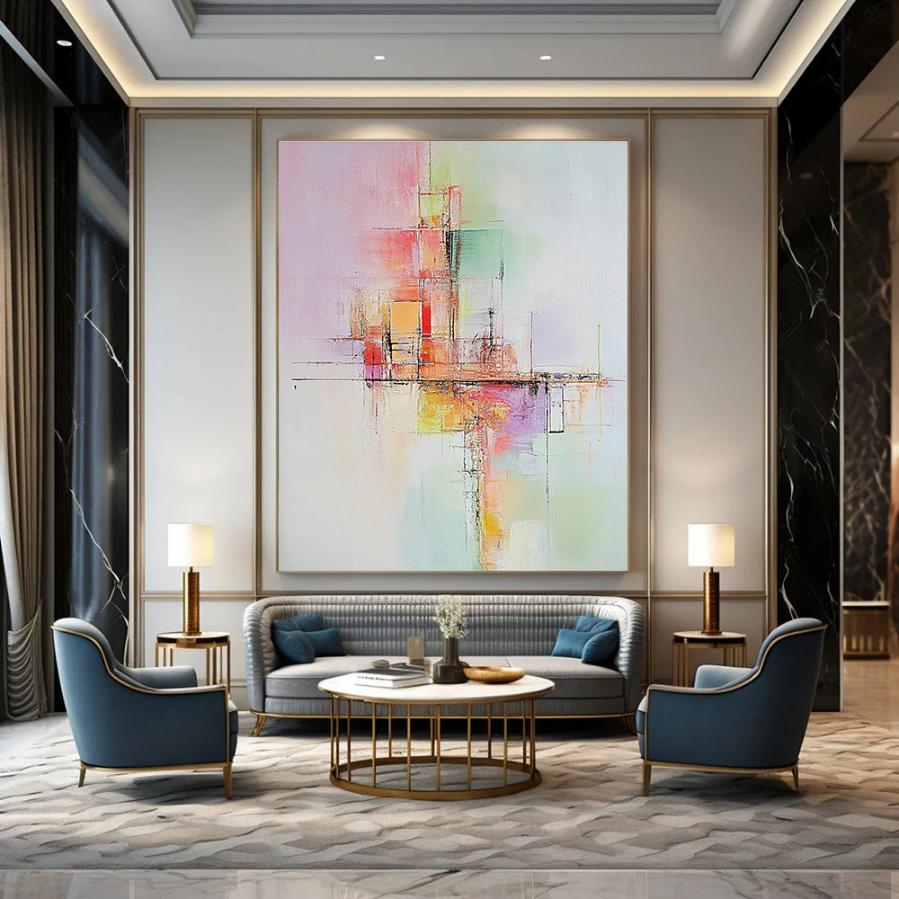 Large abstract painting with soft pastel colors depicting abstract buildings conveying calmness and dynamic balance enhanced by warm tones and textures.STSC803