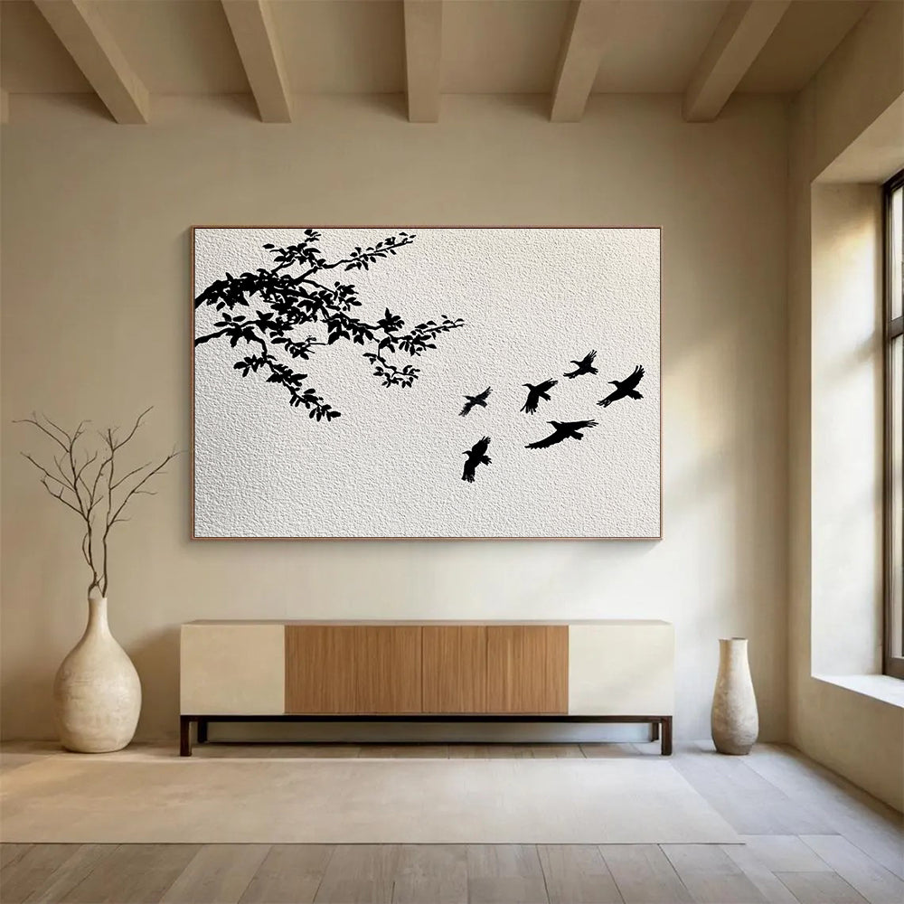Black White Tree - Bird Silhouette Abstract Painting DYP026