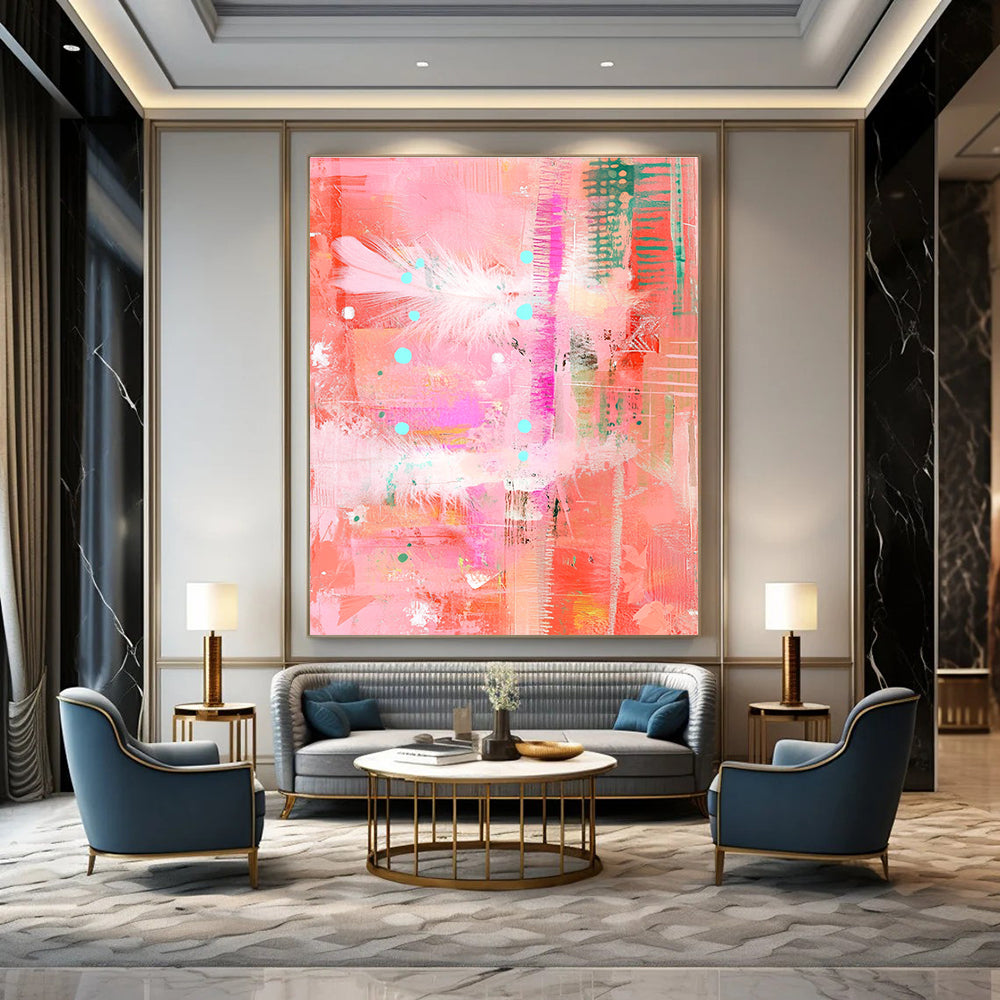 Large abstract painting featuring pastel pinks and reds with feathers dots and lines in a mixed media collage style on a textured pink background.STSC455