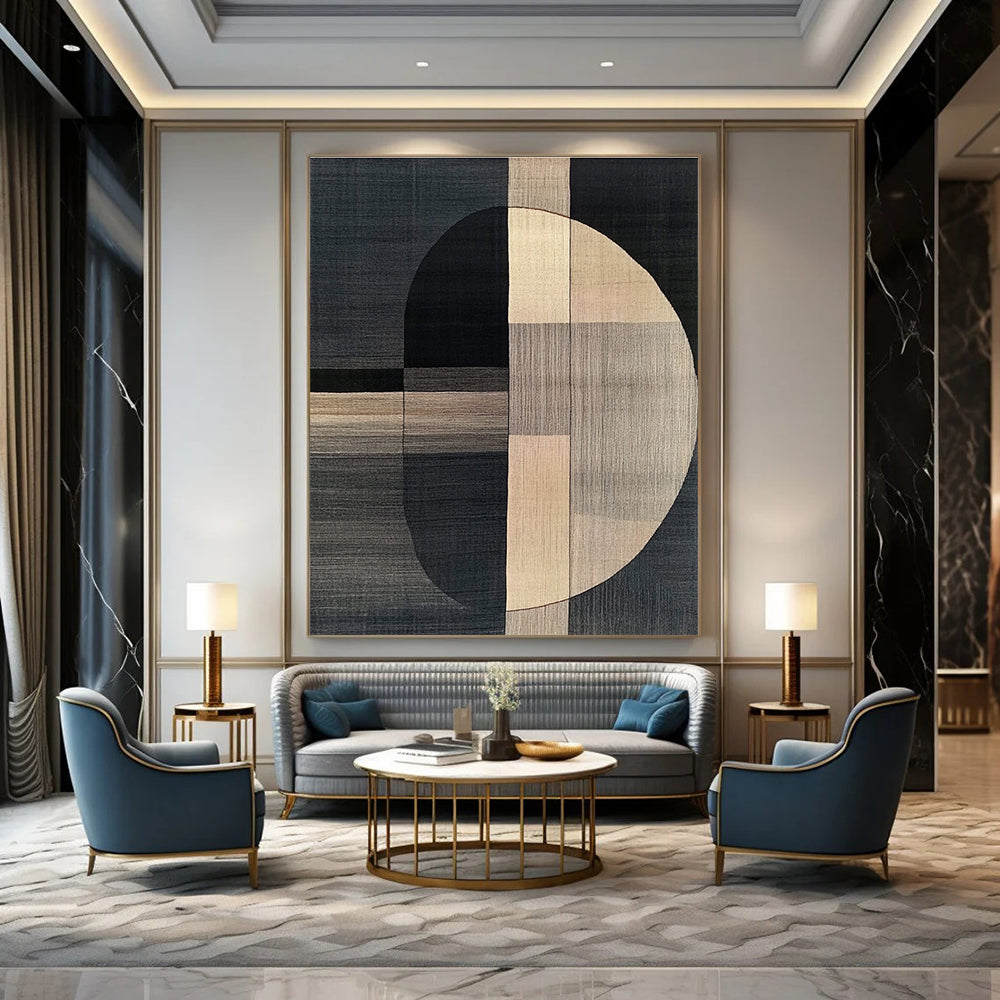 Abstract carpet design inspired by Picasso showcasing dark gray and beige in a modern art style with simple shapes and black lines.STSC1060