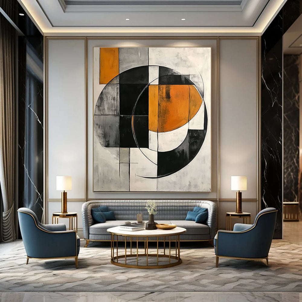 Large abstract painting featuring simple geometric shapes, circles, and half-circles in shades of gray, orange, black, and white.STSC221