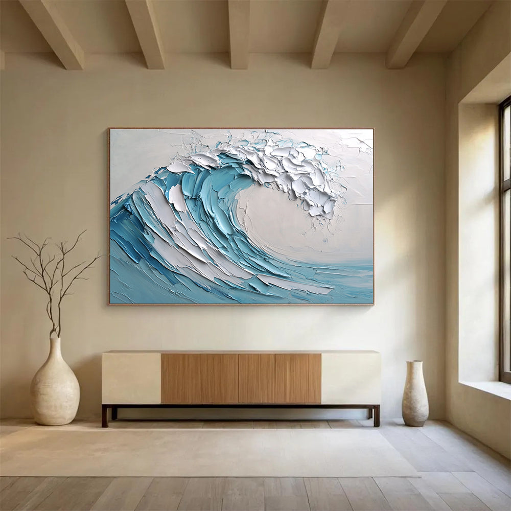 Large abstract painting of a wave featuring light blue and white colors with thick impasto texture. Perfect for modern decor.SC002