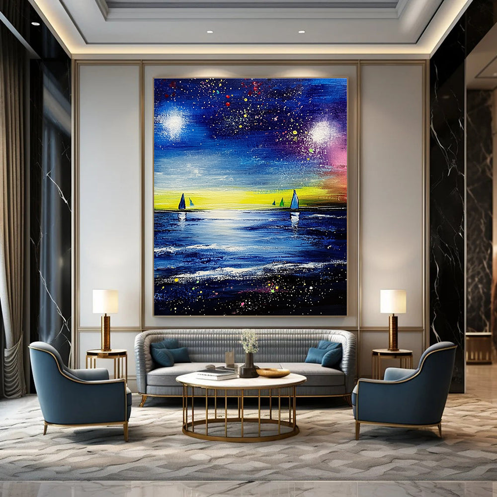 Large abstract painting featuring a vibrant blue sea and sky with stars and colorful sailboats in the distance.STSC526