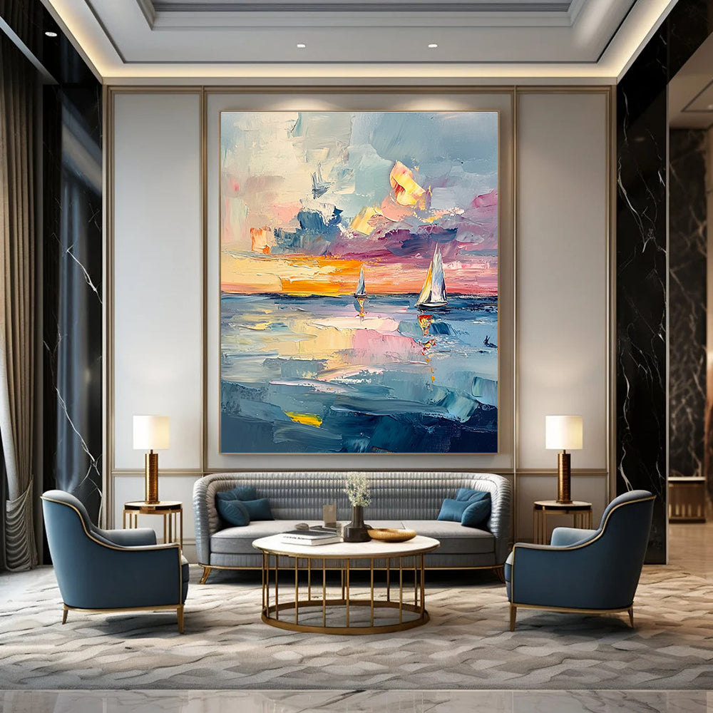 Large abstract painting of the sea with textured layers and pastel skies featuring sailboats reflecting light like gems across the canvas.STSC973