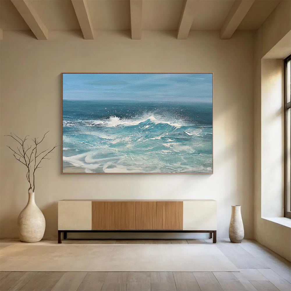Blue White Crashing Waves Sea Abstract Painting THY024