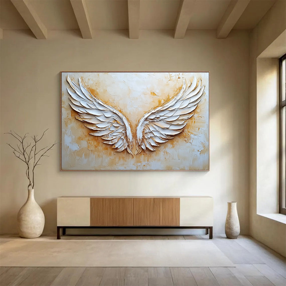 Large abstract angel wings oil painting in beige and white on textured canvas adds elegance and depth to any space.SC004
