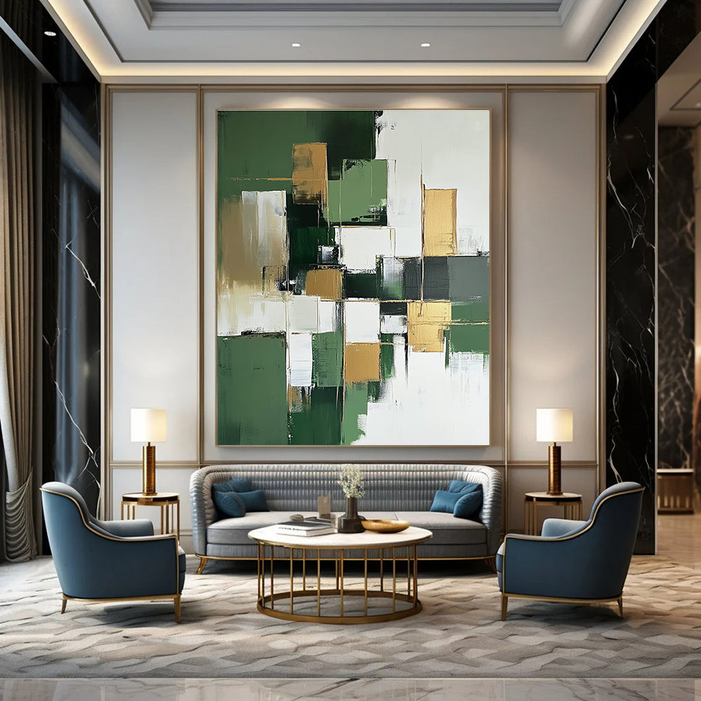 Large abstract painting in green and white with minimalist gold accents creating a striking focal point for any space.STSC611