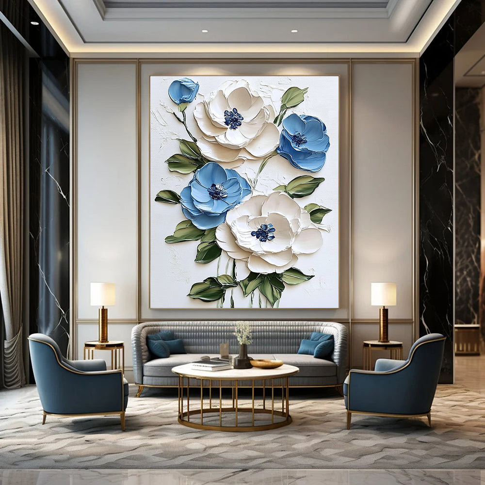 Abstract painting featuring textured white and blue flowers on a white background with green leaves and vibrant brushstrokes for a light tone.STSC1471