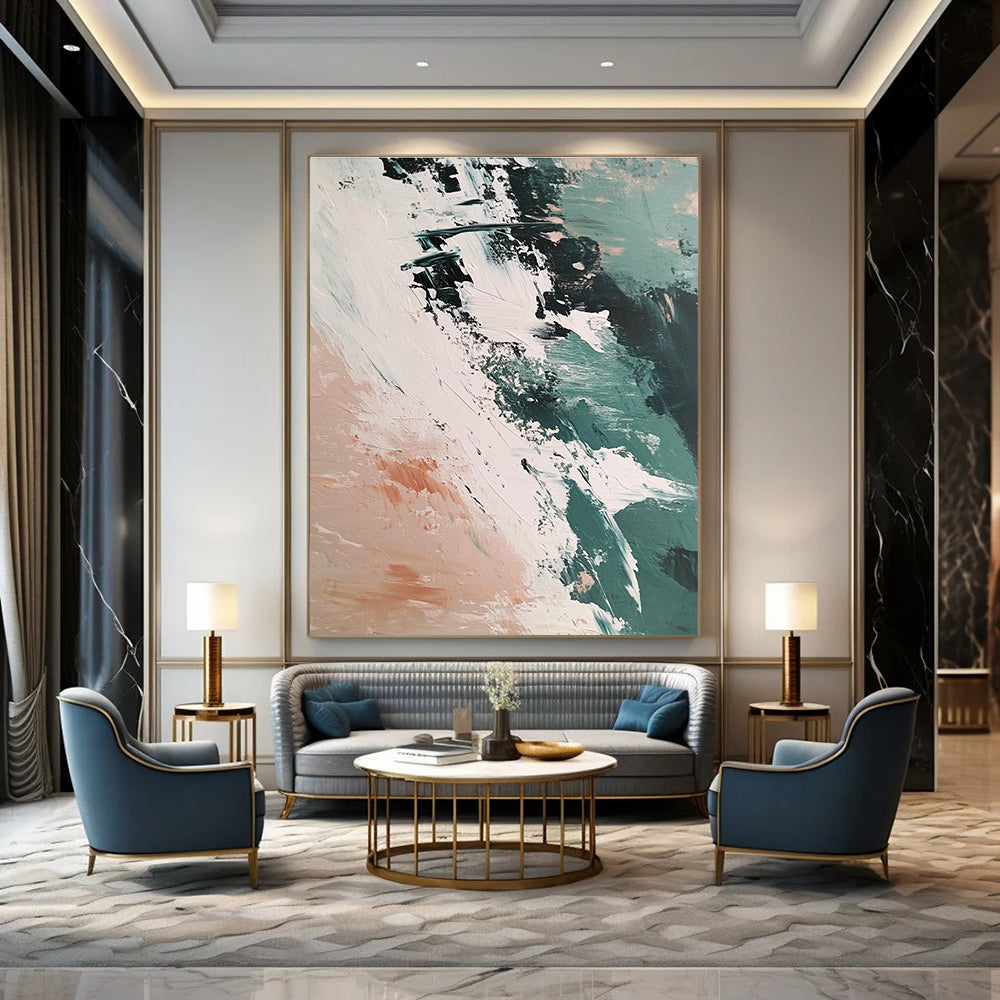 Large abstract painting capturing the Arctic sea's ice and earth with vibrant brush strokes in a beige teal and pink palette.STSC1437