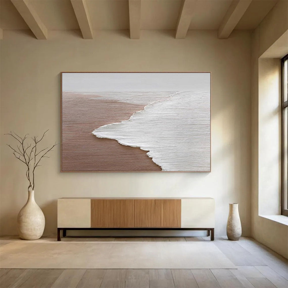Beach Wave Abstract Painting with Brown and White Tones THY178