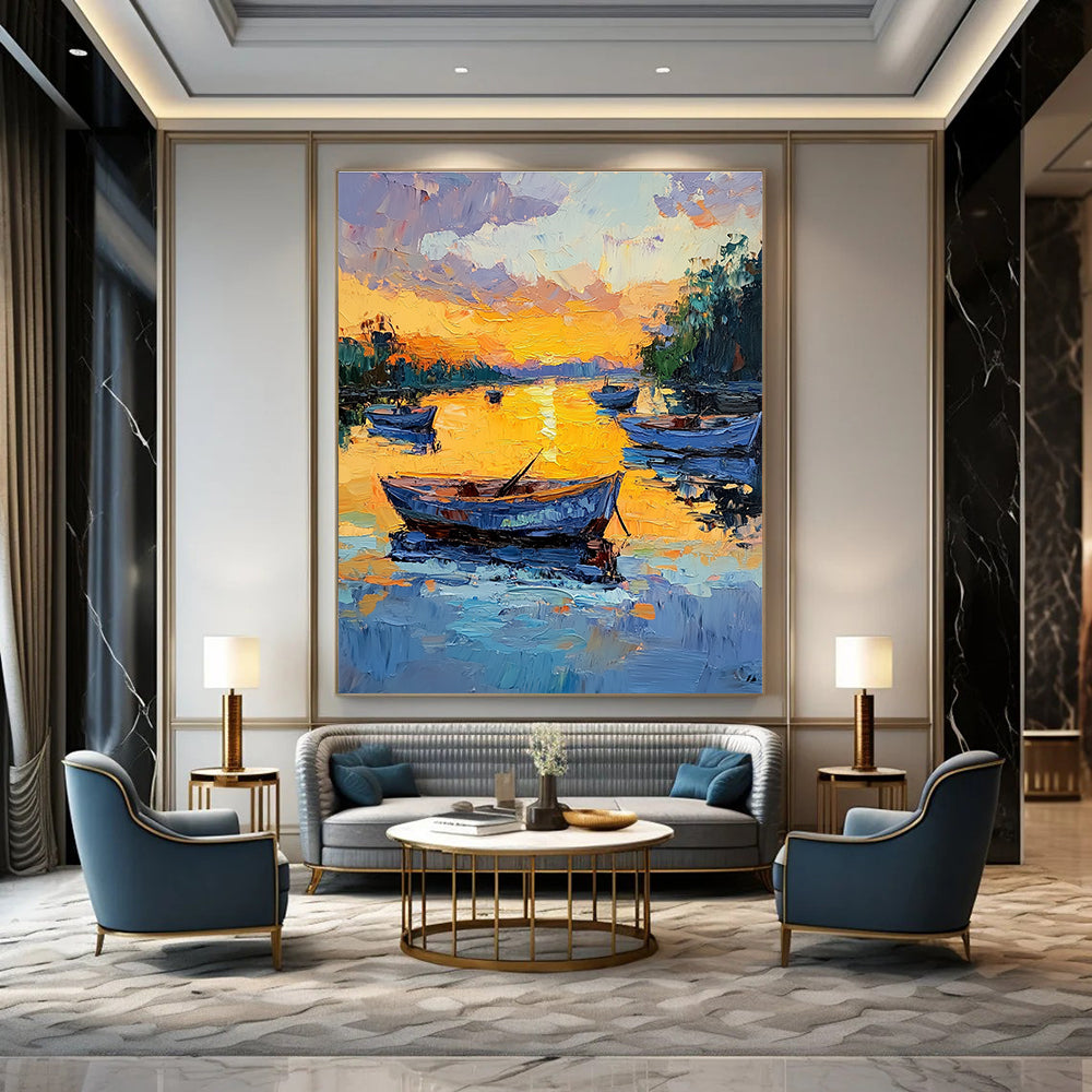 Large abstract painting featuring boats at sunset with rich colors and expressive brushstrokes capturing serene reflections on calm water.STSC1389
