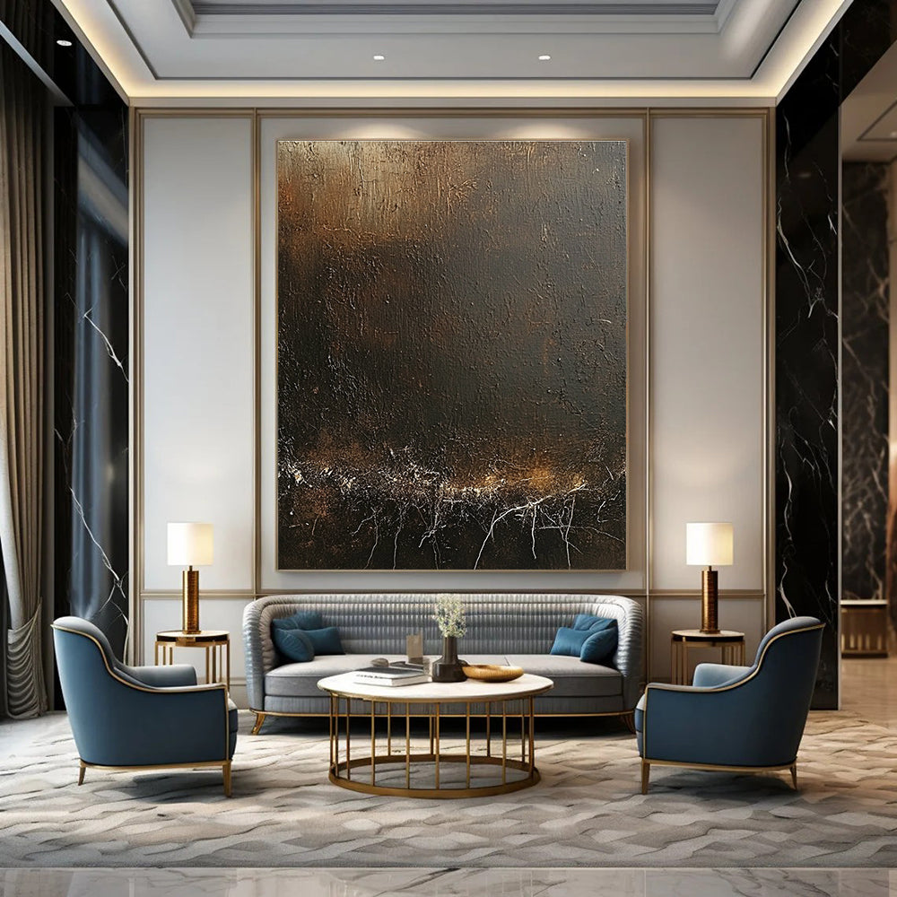 Large Abstract Artwork Featuring Dark Brown Canvas With Textured White Cracks And Soft Warm Lighting Perfect For Creating An Atmosphere Of Timeless Mystery.STSC1429