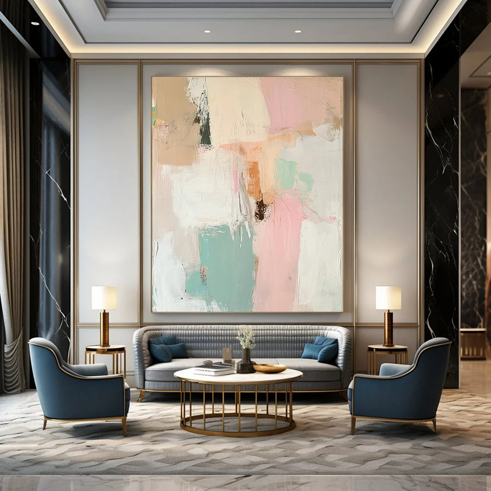 Large abstract painting with soft pinks whites sage greens and earthy tones featuring dreamy human and animal forms in a tranquil nostalgic atmosphere.STSC806