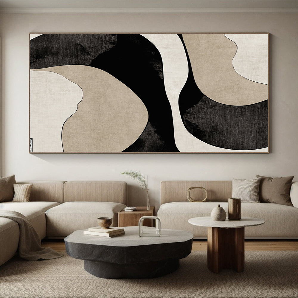 Black and Beige Curved Abstract Painting with Flowing Lines GER064