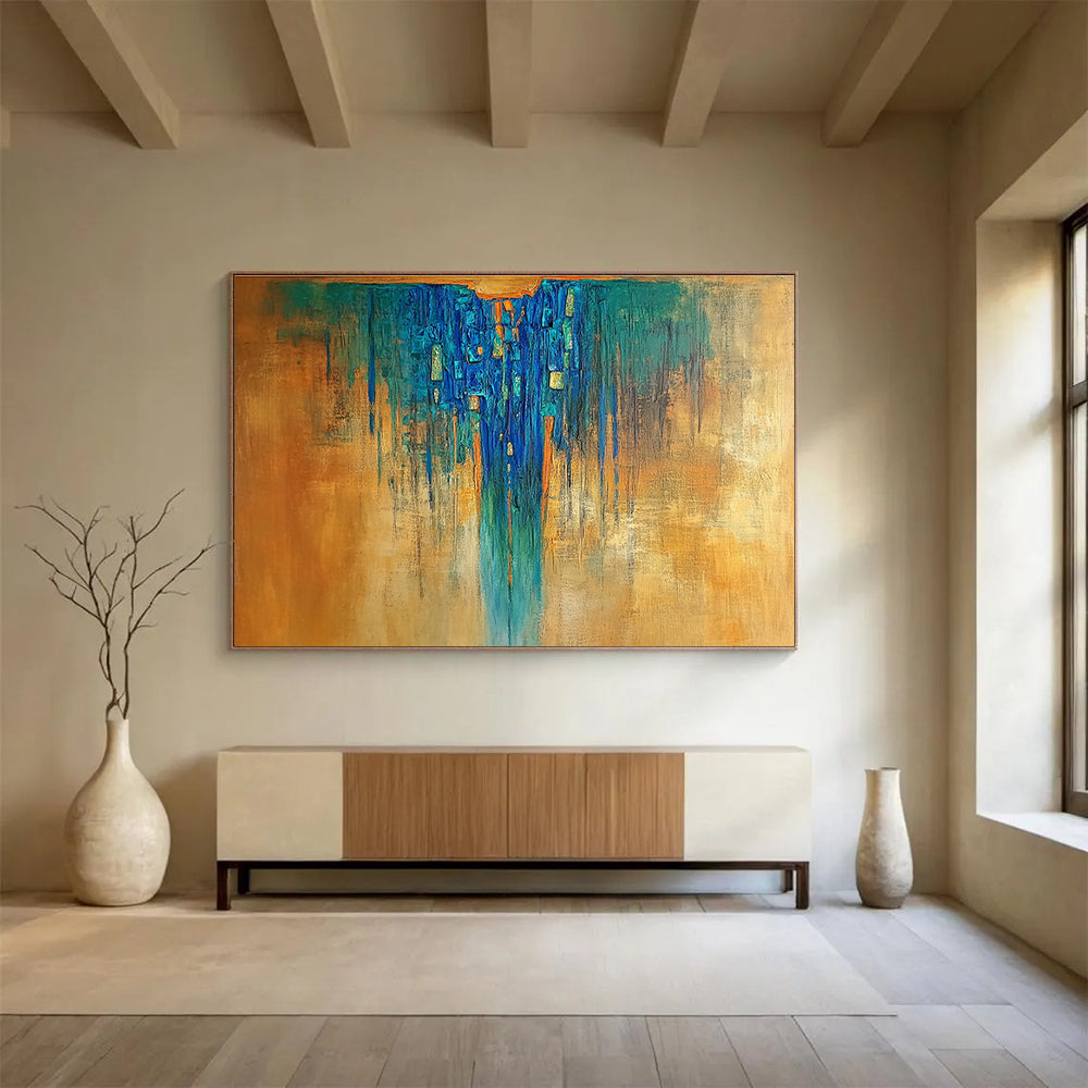 Blue Drip Abstract Painting with Gold Accents DYP498