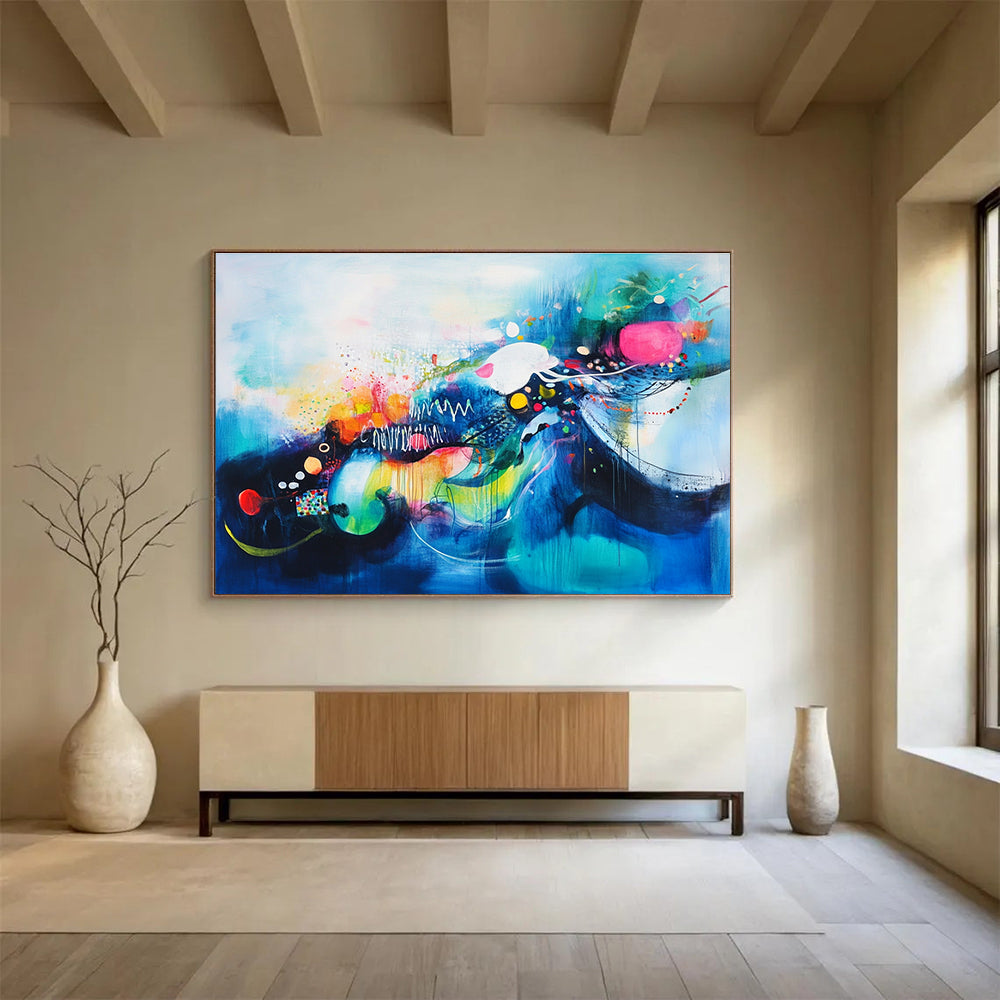 Colorful Blue Abstract Painting with Whimsical Elements DYP383