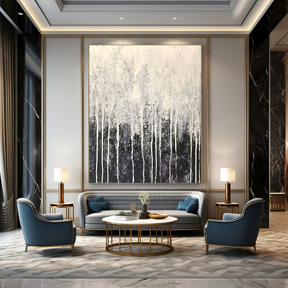 Large abstract painting in white and gray with drip effects and fine droplets resembling frost creating a serene winter atmosphere.STSC360