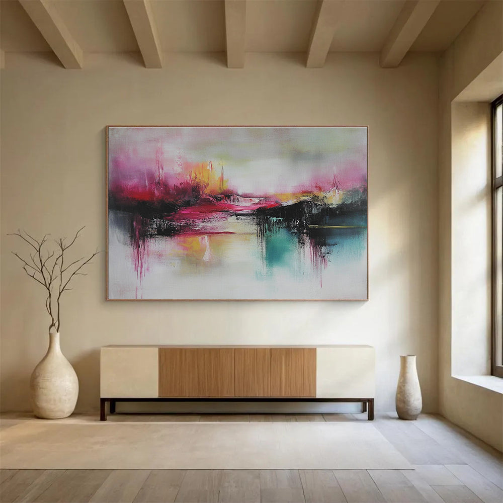 Large abstract painting featuring thick brush strokes in soft pink and teal with striking red accents for a captivating artistic touch.SC089