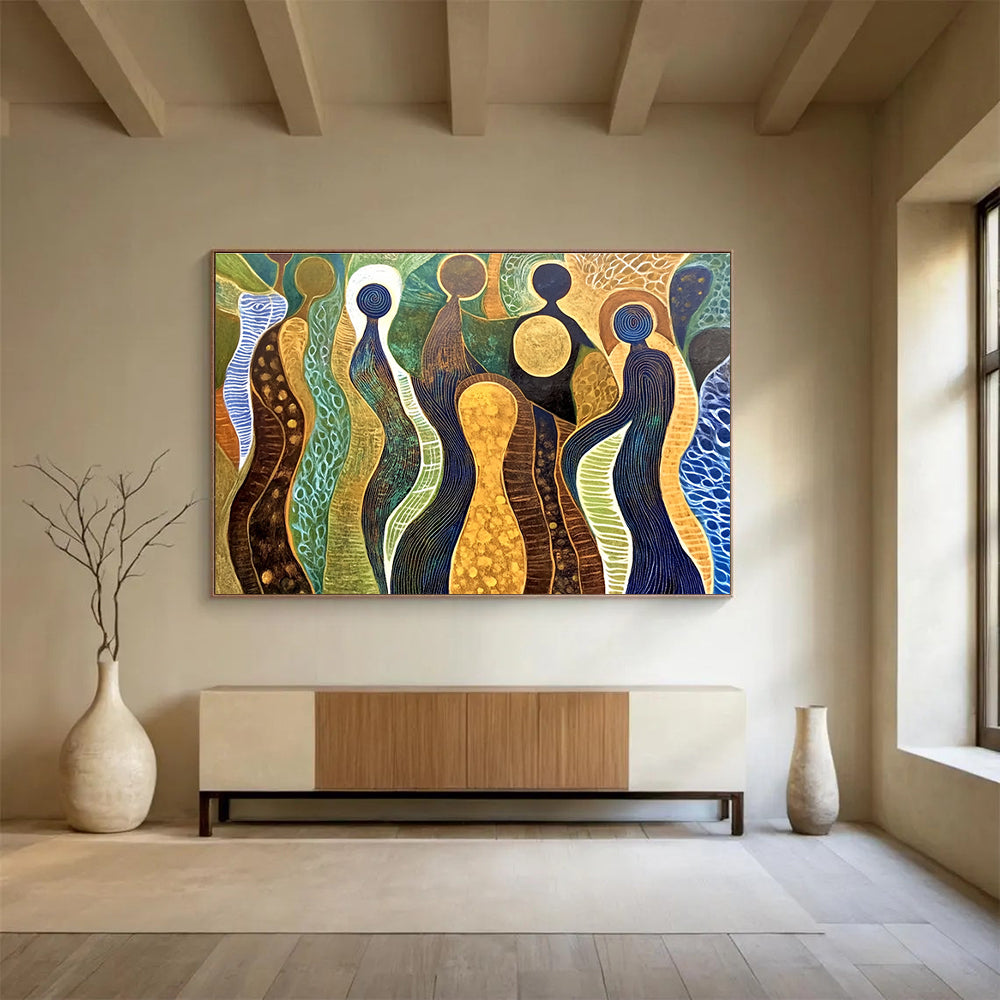 Abstract Figure Forms Painting with Earthy and Blue Tones DYP578