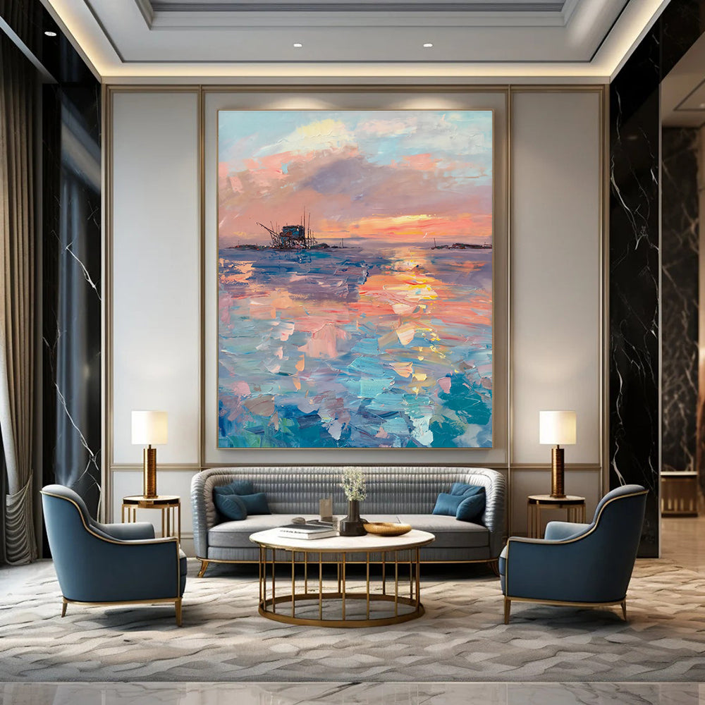 Sunset at Sea Abstract Painting with Colorful Reflections ADGE531