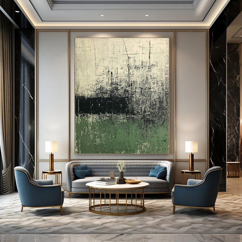 Large abstract painting in green and white tones with dark gray texture on old paper background evokes calmness and mystery through eroded and cracked surfaces.STSC423