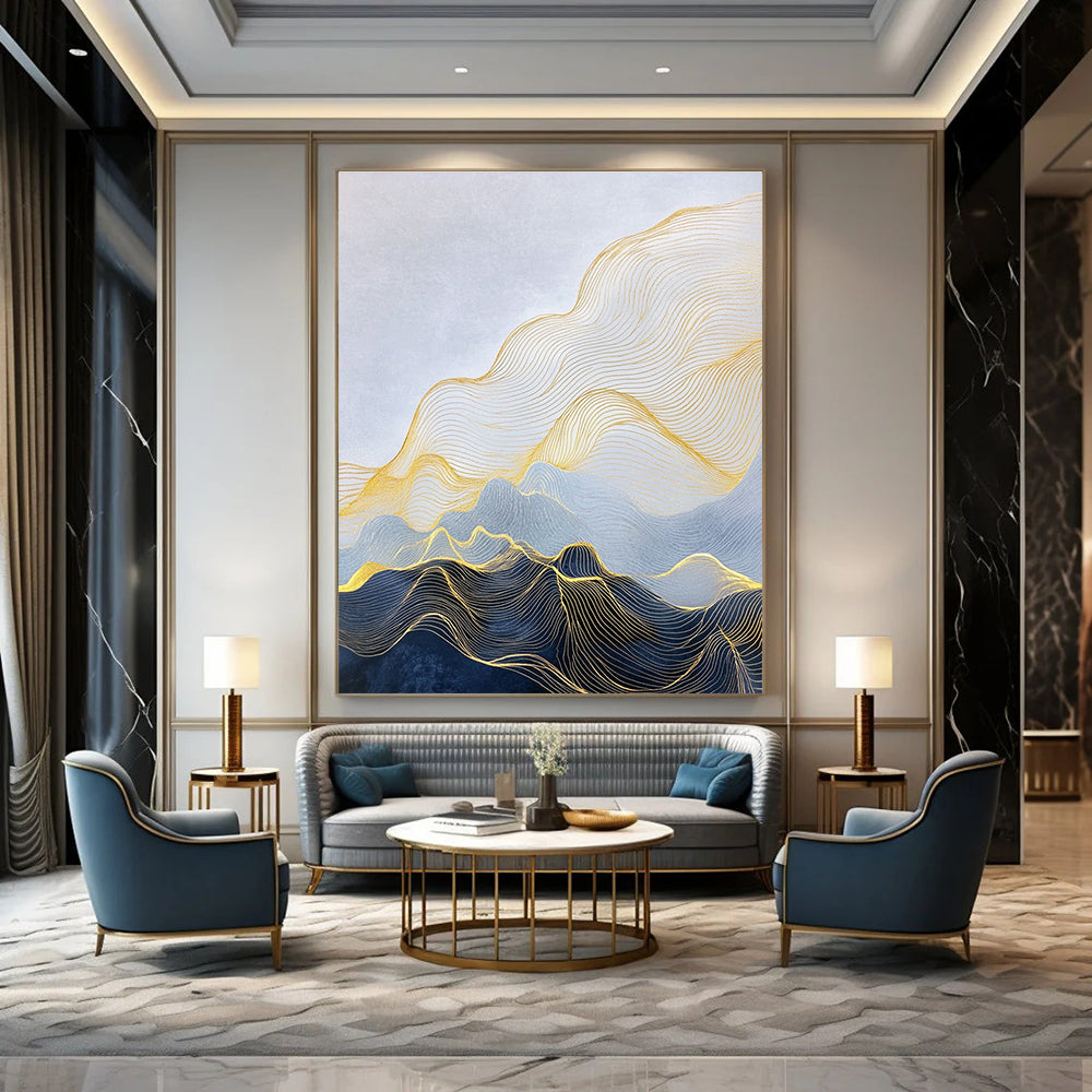 Large abstract painting depicting a minimalist landscape with golden lines forming mountains and delicate details in smooth waves and curves.STSC1257
