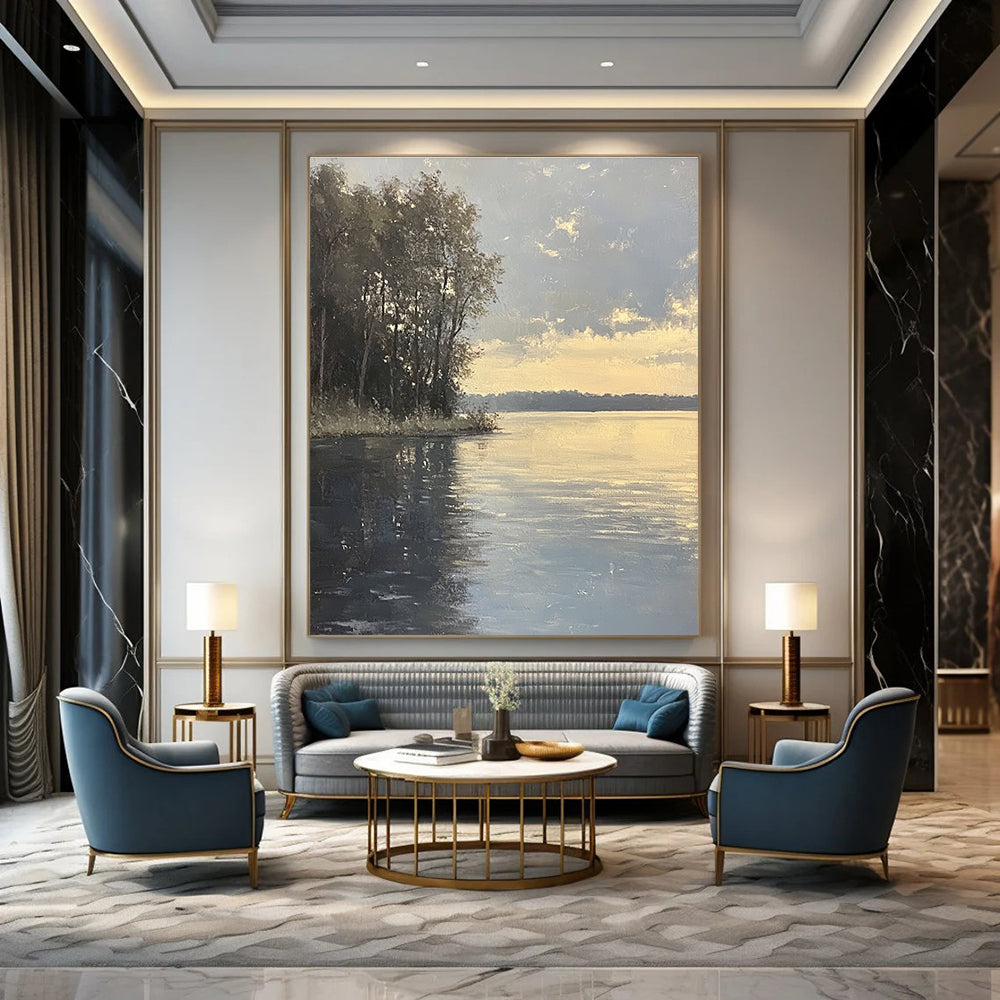 Large abstract painting capturing an overcast lake with tree silhouettes and serene gray reflections in the evening light.STSC885