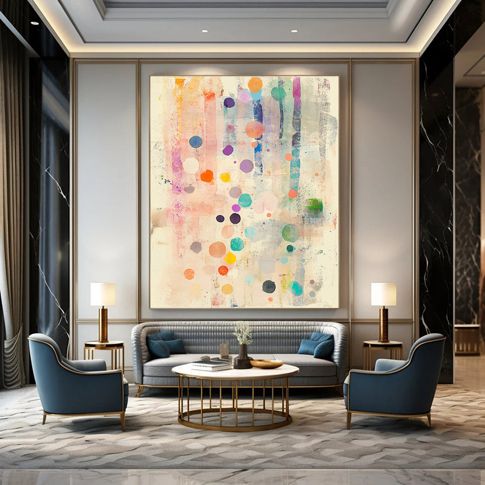 A large abstract watercolor painting featuring soft pastel colors with polka dots and delicate flowers evoking calmness and serenity.STSC1203