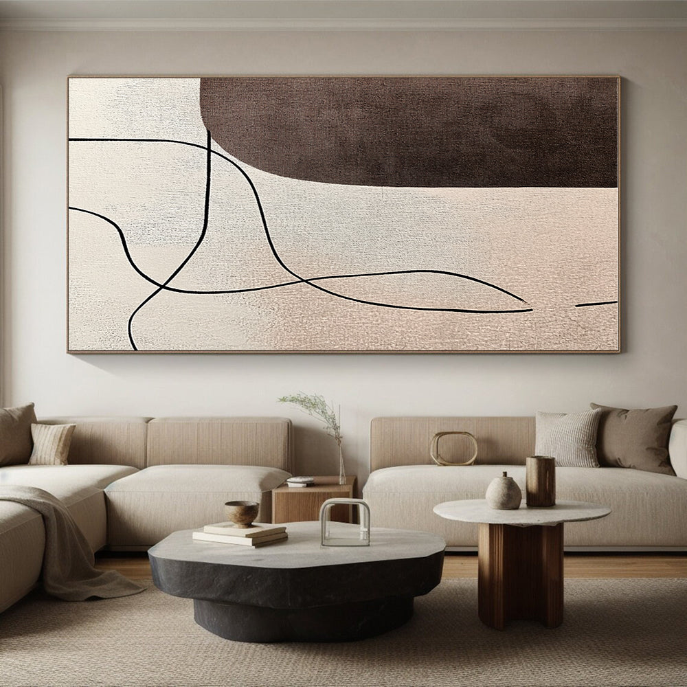 Brown and Beige Abstract Painting with Curved Black Lines GER181