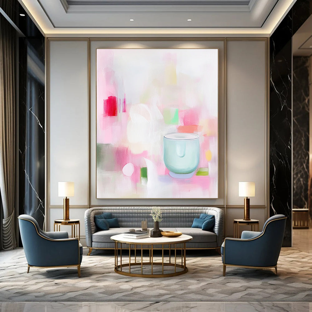 A soft abstract painting in pink and white shapes with green and red hints featuring a minimalist light blue glass blender conveying calmness and simplicity.STSC1200