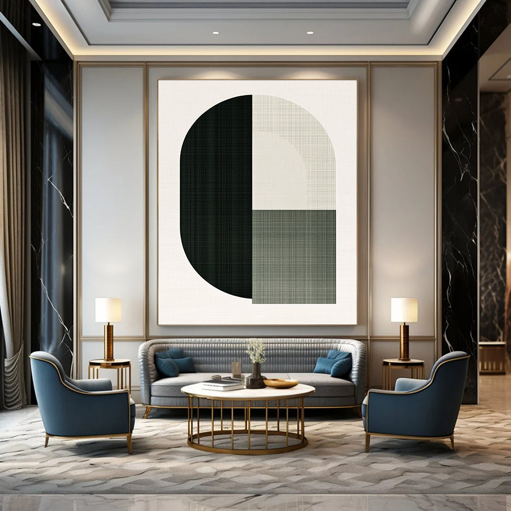 A large abstract illustration featuring an arch and half circle in green shades symbolizes the letter O for a top-grain rug brand.STSC1179
