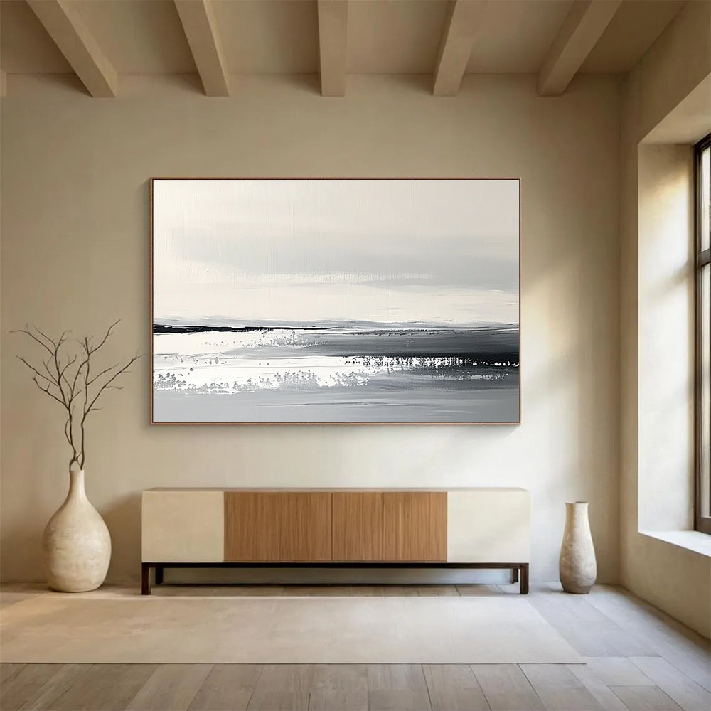Monochrome Landscape Abstract Painting with Gray and White Tones DYP330